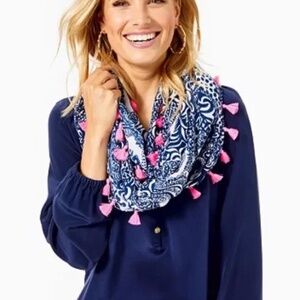 Lilly Pulitzer Blue and White with Hot Pink Tassels Infinity Loop Scarf